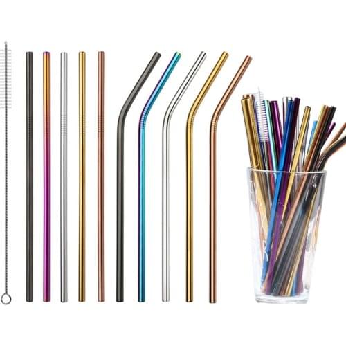 Reusable 304 Stainless Steel Straws Straight Bent Metal Drinking Straw with Cleaning Brush Set Party Bar Accessories