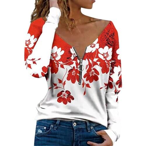 Fashion Womens Tops And Blouses Womens V-neck Zipper Positioning Printed Long-sleeved Blouse Tops Blusas Mujer De Moda 2021