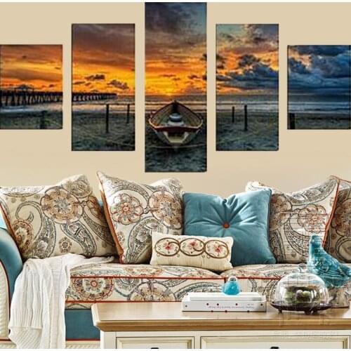 5 Piece Wall Art Canvas Painting Landscape Boat On The Coast Modern Decoration Dedroom Living Modular Pictures Modular