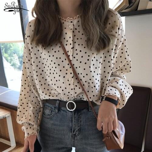 New Fashion Puff Sleeve Button Up Women Shirts Vintage Polka Dot Women Blouse and Tops Elegant Female Clothing Blusas 13358