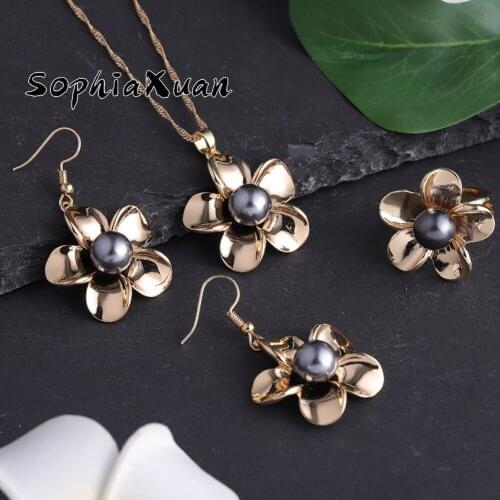 New Design Fashion Hawaiian Classic Jewelry Sets Polynesian Flower Pendant Necklace and Earrings Rings Sets Wholesale for Women