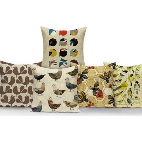 Single-sided Printing Cotton Linen Cushion Cover Cute Bird Pattern Decorative Throw Pillows Case for Sofa Bedroom Home Decor