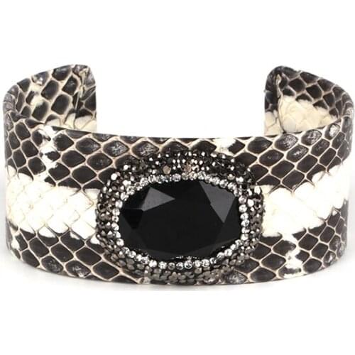 Oval natural black obsidian stone bead charm pave rhinestone resizable grey snake leather wide wrap open bangle cuff for women