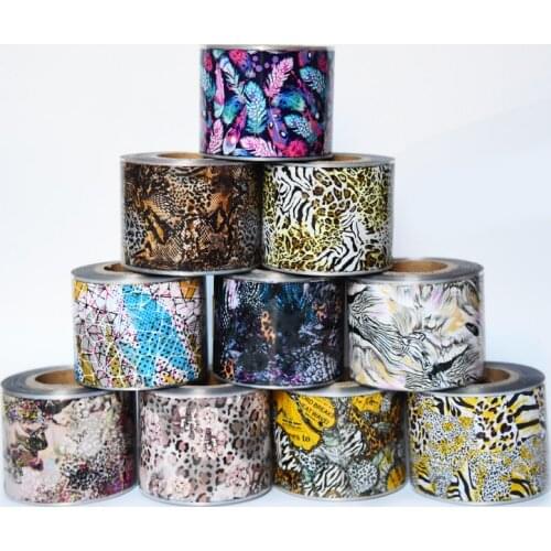 10rolls 4cm*50M Leopard Print Nail Foils Feather Animal Serpentine Nail Art Transfer Sticker Adhesive Slider Finger Art Decals