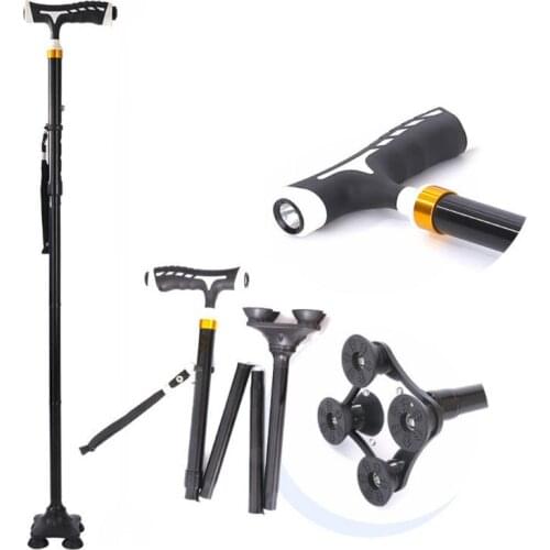 Portable Folding Aluminum Alloy Crutches with LED Lights Elderly Telescopic Anti-Slip Four-Legged Walking Stick Collapsible Cane