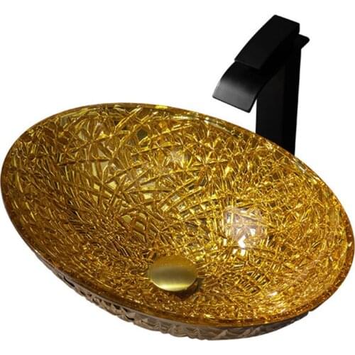 Electroplating Tempered Glass Basin Home Balcony Oval Hotel Golden Glass Basin Wash Basin With Black All Copper Column Faucet