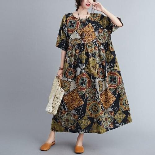 Plus Size 5XL 6XL 100kg Wear Loose Dress Cotton Linen Short Sleeve Cozy Summer Dress Women Holiday Casual Long Maxi Dress