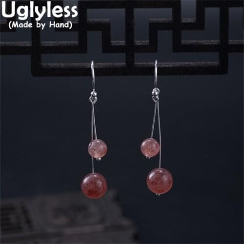 Uglyless Candy Balls Strawberry Quartz Chalcedony Earrings for Women 925 Silver Long Earrings Simple Fashion Students Brincos