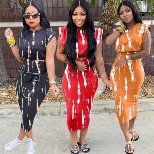 VAZN 2021 INS High Waist Plus Size Young Sexy Overalls Elegant Short Sleeve Group Maxi Skirts Skinny Women 2 Piece Set