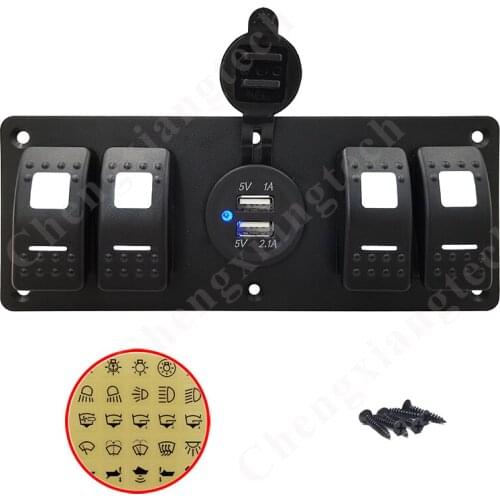 4 Gang Waterproof Marine Boat Rocker Switch Panel with 12V/24V Dual USB Slot Socket, White Led On Off Rocker Switch Panel