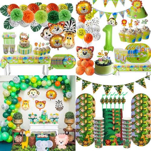 WEIGAO Jungle Party Decoration Lion Tiger Foil Balloons Disposable Tableware Paper Plate Cup Napkin Safari Zoo Party Supplies