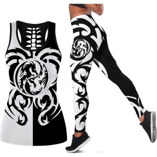 New womens tight yoga pants Black & White Dragon Art Tattoo 3D print Leggings and Hollow out Tank Top Fashion casual Leggings