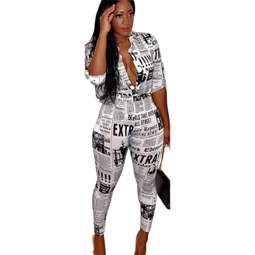 Adogirl S-3XL Newspaper Print Women Two Piece Set 3/4 Sleeve Shirts Top + Pencil Pants Female Fashion Streetwear Caual Outfits