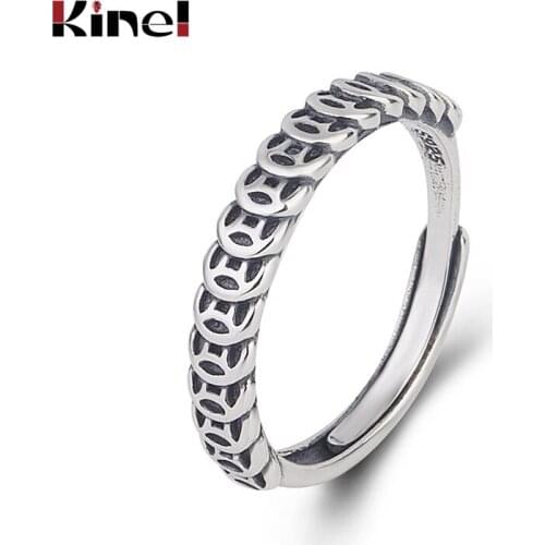 Kinel Ethnic 925 Sterling Silver Coin Ring Female Vintage Punk Personality Silver Rings Simple Open Adjustable Jewelry