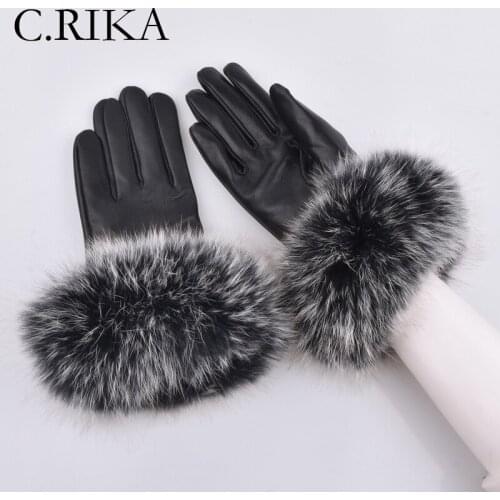 2021 Winter Genuine Sheepskin Leather Gloves Women Fox Fur Gloves Plus Velvet Thick Warm Gloves Lady Girl Outdoor Driving Mitten