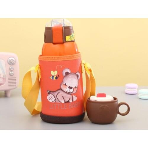 500ml Kids Smart Insulation Cups with Straw Stainless Steel Temperature Display Cartoon Lanyard Drinking Bottle