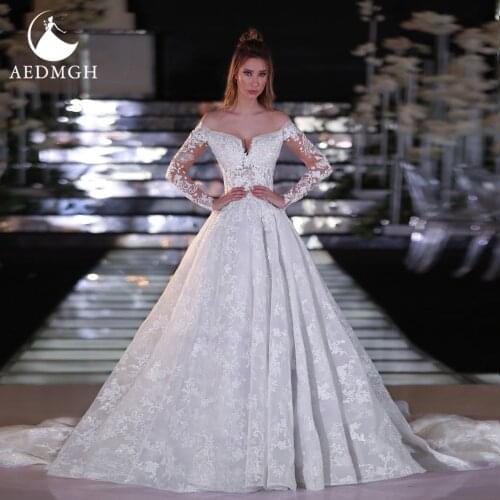 Aedmgh Ball Gown Princess Wedding Dresses 2021 Off The Shoulder Long Sleeve Robe De Marige Lace Applique Pearls Bride Gown