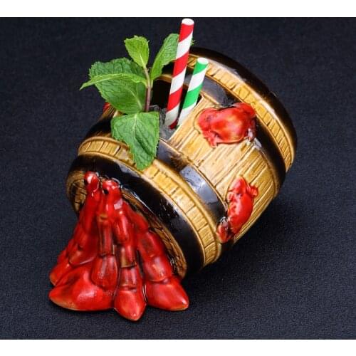 Hawaiian Style Tropical Hermit Crab Oak Wine Barrel Modelling Ceramic Cooler Cold Drink TIKI Mug Cocktail Glass Personality Cup