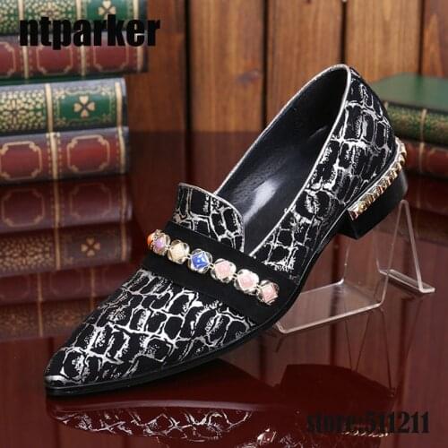 Ntparker Handmade Crystal Men Oxfords Shoes Fashion Genuine Leather Men Party Wedding Dress Shoes Slip on Mens Flats Ponited