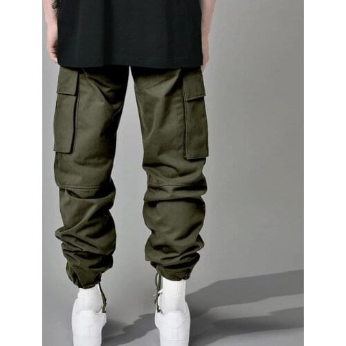 Men Pants Casual Men Solid Color Multi-pocket Leg Opening Drawstring Elastic Waistband Trousers Cargo Pants 2021