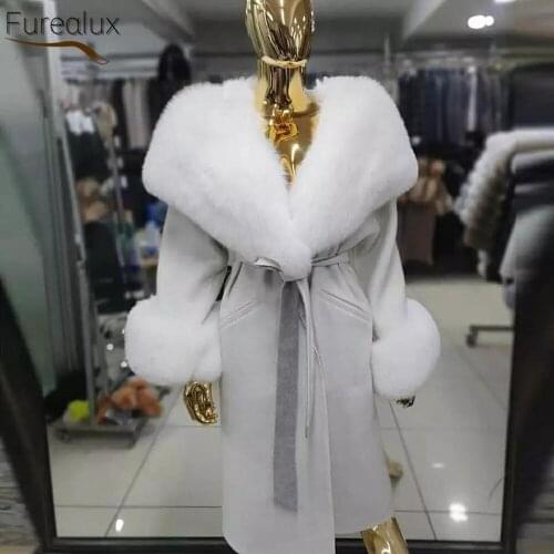 FUREALUX Women Natural Real Fox Fur Coat Woollen Furs Coat Elegant Warm Length Luxury Solid Colors Winter Temperent Overcoat