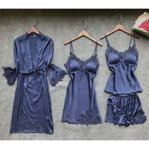 Sexy Women Robe & Gown Sets Lace Bathrobe + Night Dress 4 Four Pieces Sleepwear Womens Sleep Set Faux Silk Robe Femme Lingerie