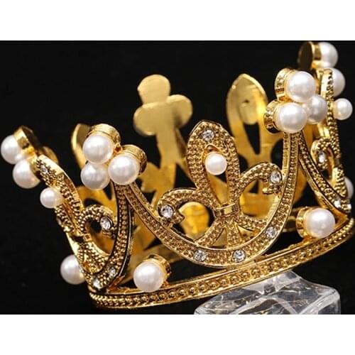 Creative Mini Crown Cake Topper Metal Pearl Happy Birthday Cake Toppers Wedding&Engagement Cake Decor Sweet 16 Party Decorations