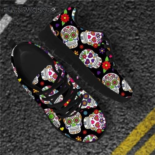 ELVISWORDS Vintage Sugar Skulls Printed Casual Ladies Non-slip Flat-Shoes Breathable Air Mesh Sneakers for Women zapatos mujer