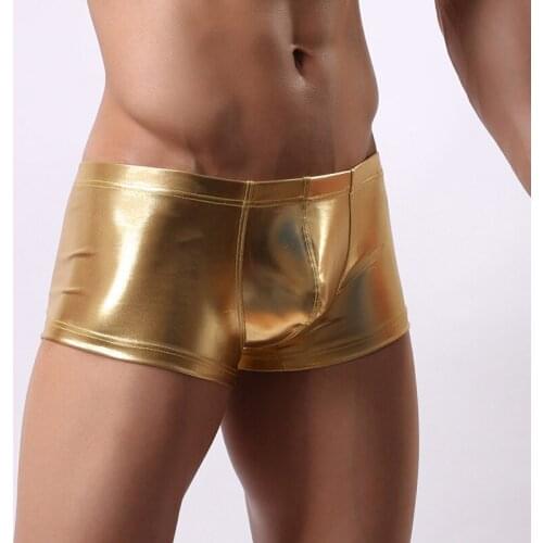Men Boxers Man Panties Golden/Silver Sexy Men Low Waist Boxers Shorts PU Faux Leather Underwear Erotic Gay U bulge Underpants