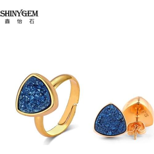 ShinyGem Natural Crystal Druzy 2 Pcs Triangle Sets Stone Simple Stud Earrings Rings Gem Sparkling Accessories Jewelry For Women