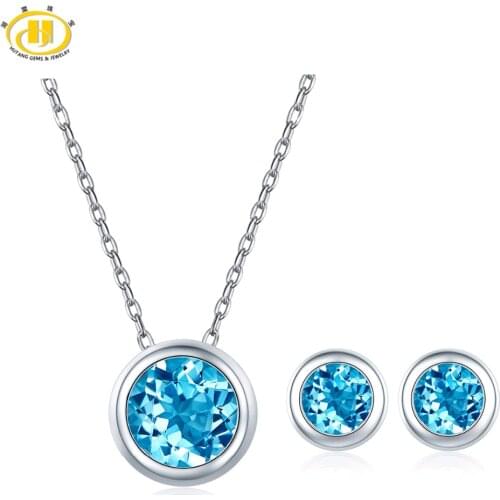 Hutang Blue Topaz Jewelry Sets Pendant Earrings Natural Gemstone Solid 925 Sterling Silver Fine Fashion Jewelry For Womens Gift