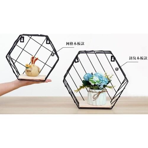 Wall Mounted Bookshelf Display Geometric Rack Wrought Iron Grid Shelf Hexagon Storage Holder for Wall Decorations