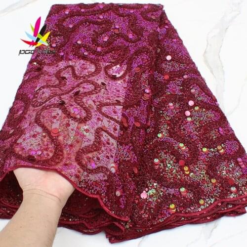 Latest French Nigerian sequins net lace 2021 high quality African tulle mesh sequence lace fabric for dress 5yards/lot