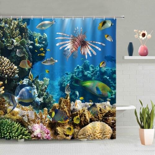 Underwater World Animal Shower Curtain Aquarium Tropical Fish Coral Green Plants Summer Scenery Decoration With Hooks Washable