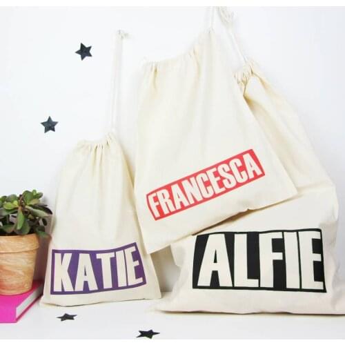 Personalized Colorful Name Drawstring Bag Kids Presents Bag Christmas New Year Birthday Gift Bag Custom Canvas Candy Storage Bag