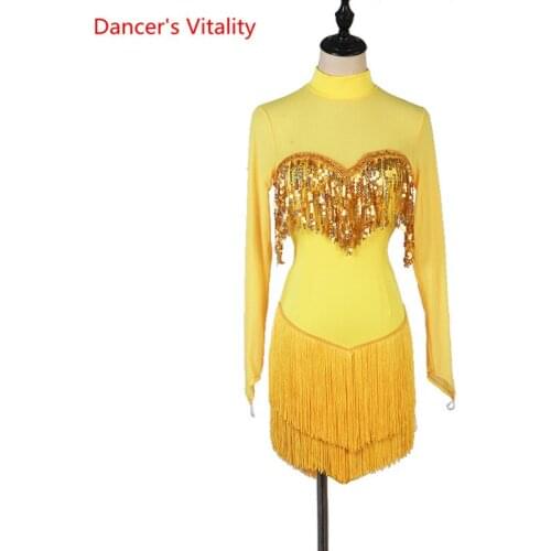 Latin Dance Female Adult Elegant Sequins Dress Performance Clothing girl Profession Custom Competition Tassel Skirt