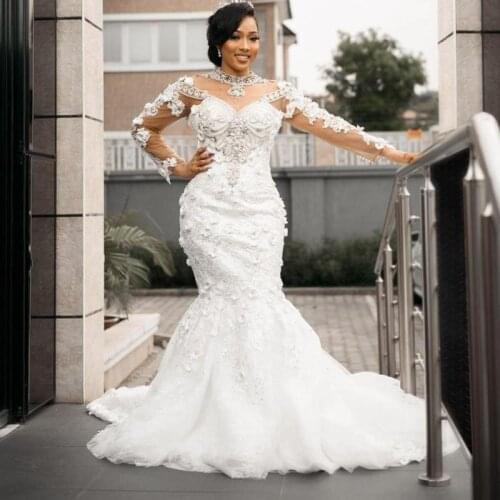 Plus Size 3D Floral Wedding Dresses Long Sleeve High Neck Lace-up Crystal Lace African Nigerian Bride Gown vestidos