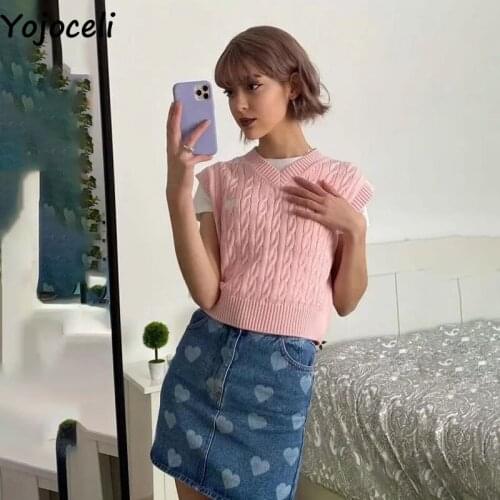 Yojoceli Sexy jersey women knitted vest Autumn cool pink sleeveless sweater Casual basic female knitting tops vest