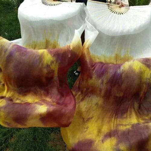 New 100% Silk Belly Dancing Silk Fan Veil Pairs Professional Bamboo Fan Veil Customized Color 180cm