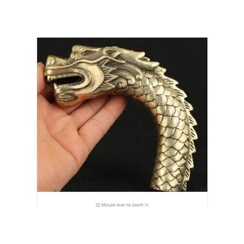 SHUN PURE COPPER BRASS GRANDPA GOOD LUCKY CHINESE OLD HANDMADE CARVED DRAGON STATUE CANE WALKING STICK HEAD DECORATI