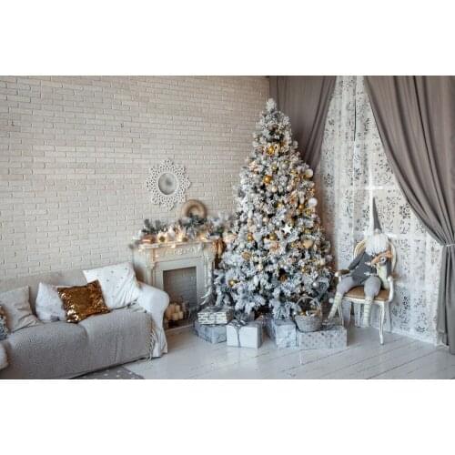 VinylBDS Photography Backgrounds White Wood Floor Fireplace Photo Background Christmas Tree Brick Wall For Family Backdrop