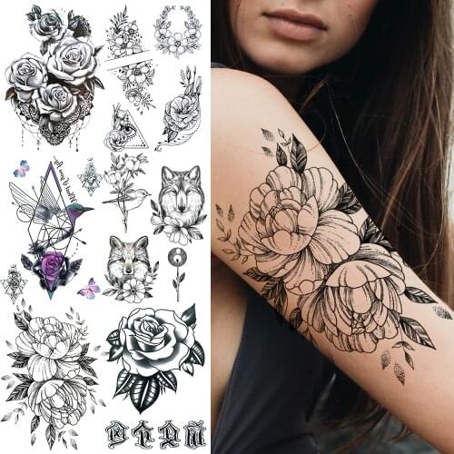 DIY Peony Flower Temporary Tattoos For Women Adult Realistic Rose Lace Hummingbird Wolf Tattoo Sticker Back Arm Fake Tatoo Kits