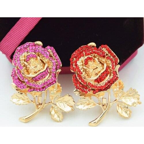 Utei Jewelry Fashion Gold Color Alloy Red Rose Brooch Elegant Wedding Bridal Bouquet Flower Broaches
