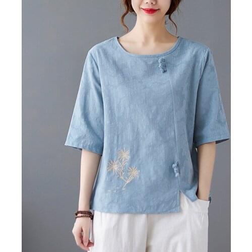 Women Summer Cotton Linen T-shirts New Arrival 2021 Vintage Style Floral Embroidery Loose Female Short Sleeve Tops Tees B398
