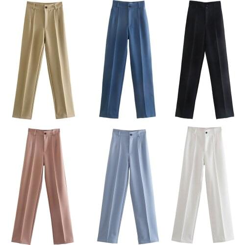 Women Chic Fashion Office Wear Straight Pants Vintage High Waist Zipper Fly Female Trousers Mujer Femme OL Style Womans Pants