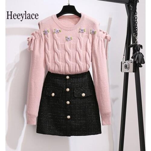 Women Autumn Winter Two Pieces Set Sweet Floral Embroidery Off The Shoulder Long Sleeve Knitted Sweater And Tweed Skirts Set