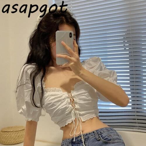 Summer New Sexy Crop Tops Slim White Lace Up Square Neck Puff Short Sleeve Floral Print Blouse Women Elegant Blusas Mujer
