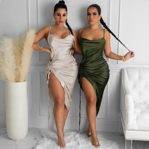 2021 Women Satin Summer Dress Drawstring Spaghetti Straps Cowl Neck Backless Solid Long Dresses For Women Sexy Elegant Vestidos