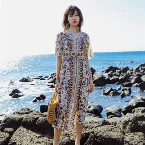 Beach Holiday Spring Summer Women Long Dress Flowers Embroidery V-neck Dress Fashion Short Sleeve A-line Dresses Women Vestidos