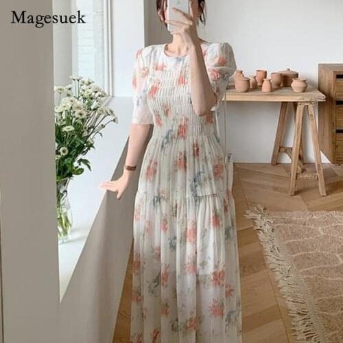 Sweet Women Chiffon Dress Print Elastic Waist Puff Sleeve Purple Dress for Women Elegant White Short Sleeve Dress Vestido 15208